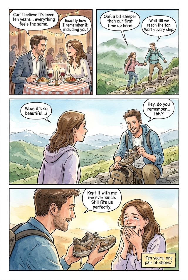 A sample interior page from a personalized anniversary comic book, watercolor style