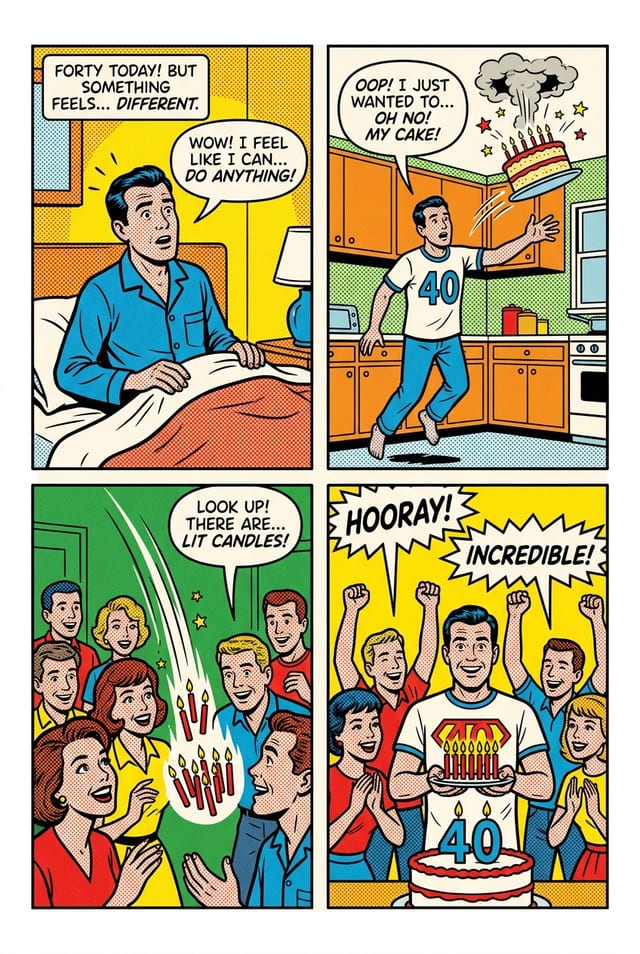A sample interior page from a personalized birthday comic book, retro pop style