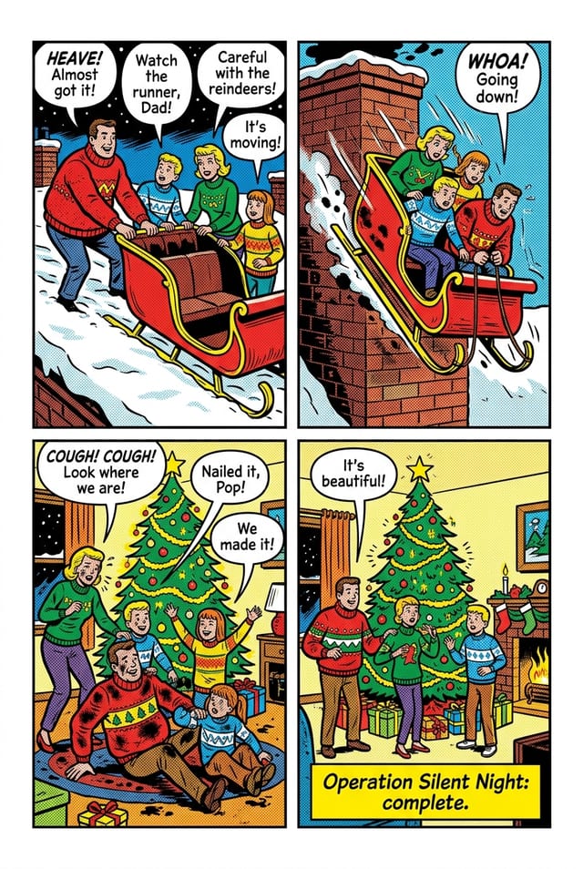 A sample interior page from a personalized Christmas comic book, retro pop style
