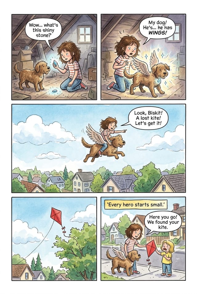 A sample interior page from a personalized comic book for kids, watercolor style