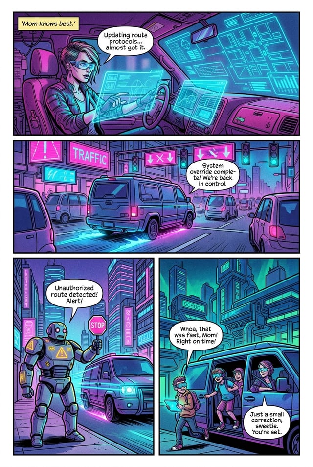 A sample interior page from a personalized comic book for mom, cyberpunk style
