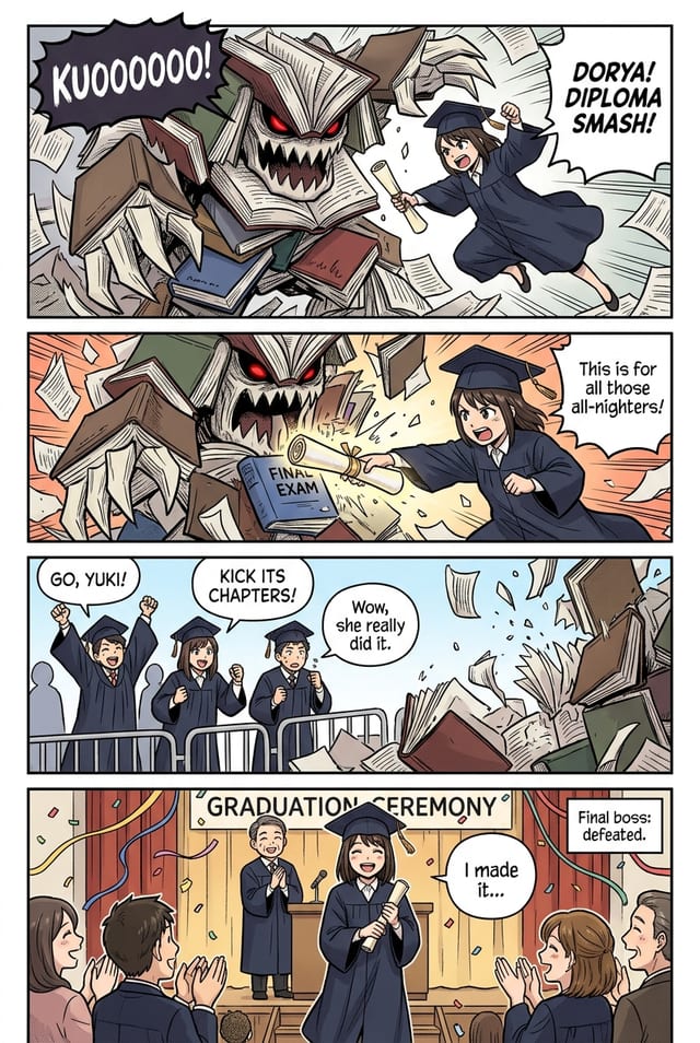 A sample interior page from a personalized graduation comic book, manga style