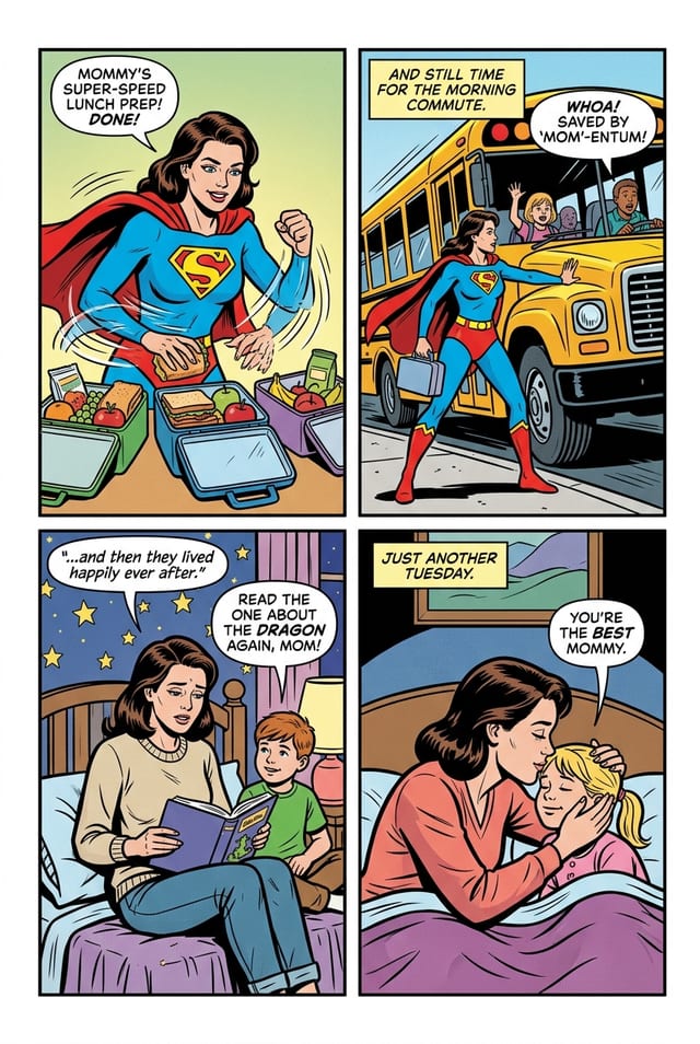 A sample interior page from a personalized Mother's Day comic book, classic american style