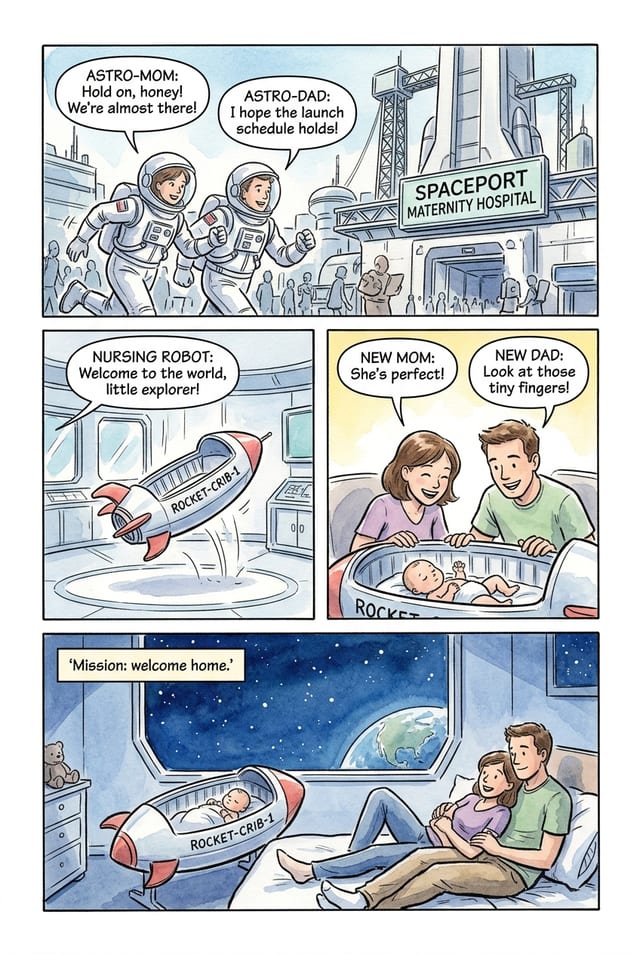 A sample interior page from a personalized new baby comic book, watercolor style