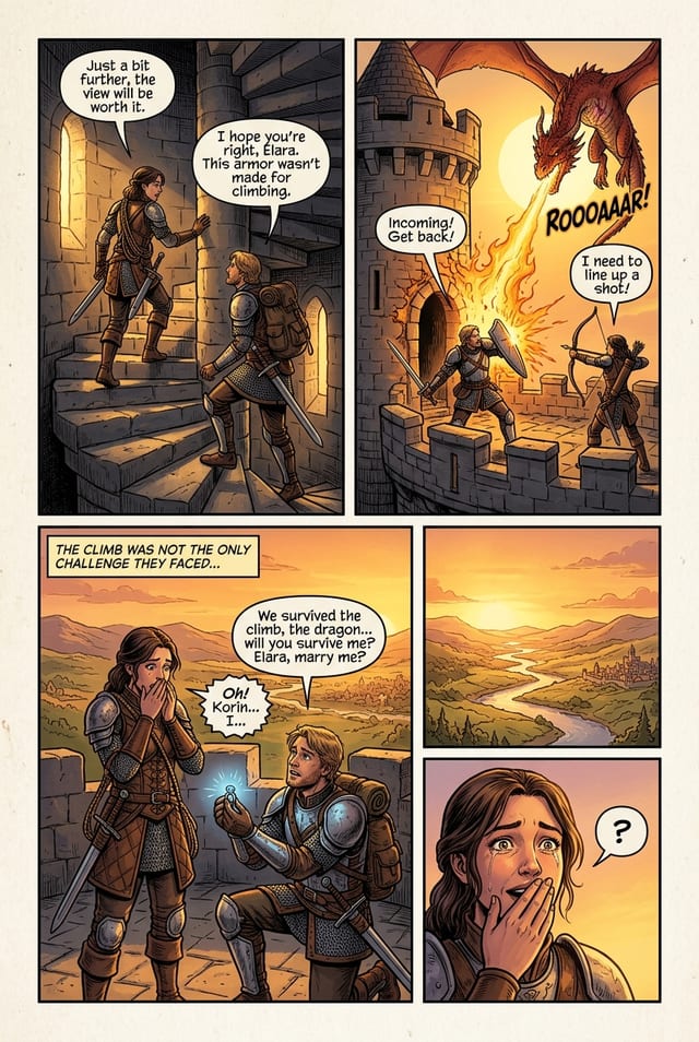 A sample interior page from a proposal comic book, fantasy epic style
