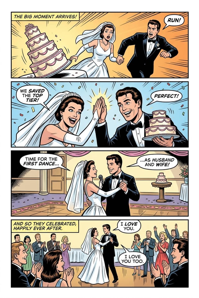 A sample interior page from a personalized wedding comic book, classic american style