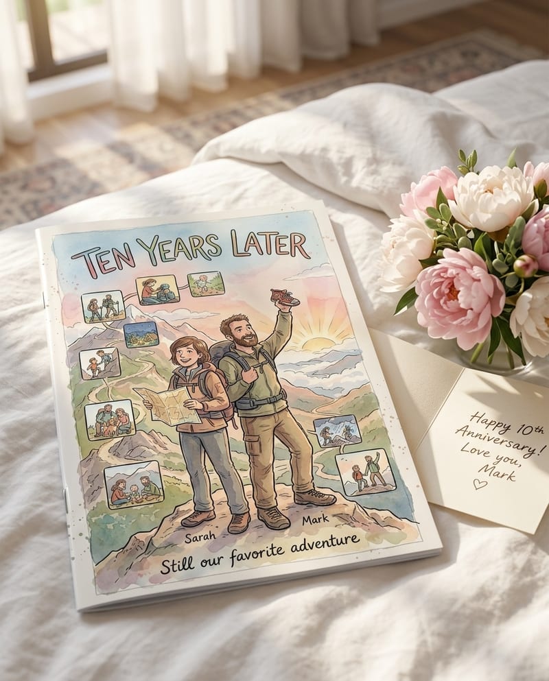 The printed personalized anniversary comic book, glossy cover, ready to gift