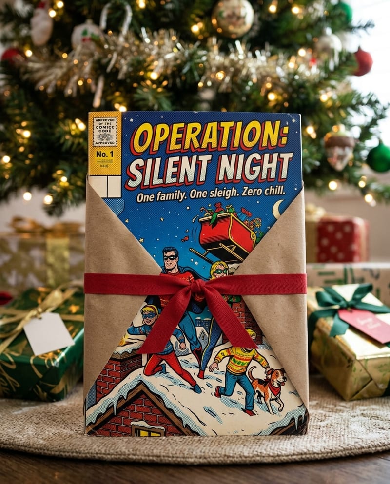 The printed personalized Christmas comic book, glossy cover, ready to gift