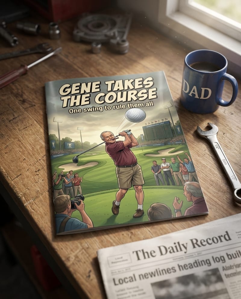 The printed personalized Father's Day comic book, glossy cover, ready to gift