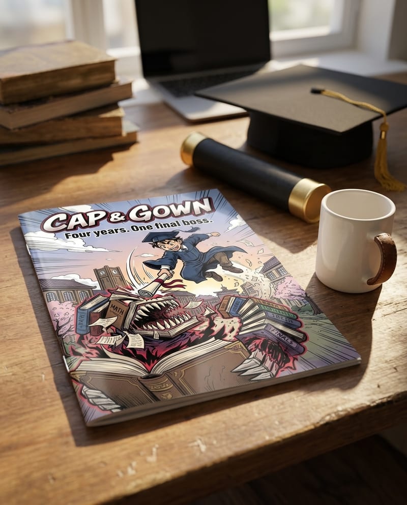 The printed personalized graduation comic book, glossy cover, ready to gift