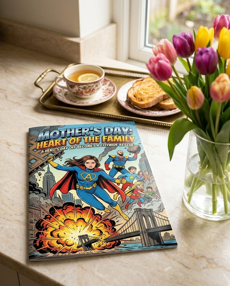 The printed personalized Mother's Day comic book, glossy cover, ready to gift
